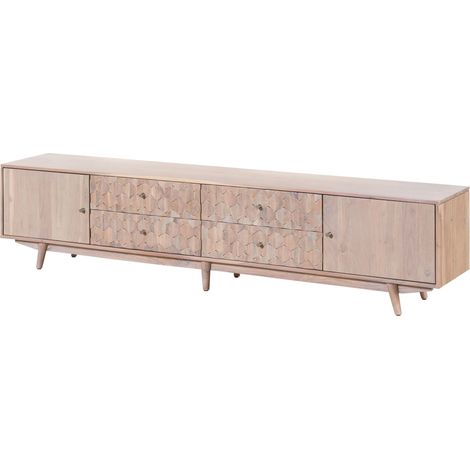 Meuble TV acacia blanc laqué 220x40x49 cm monté MOSAYK 220 (1/4)