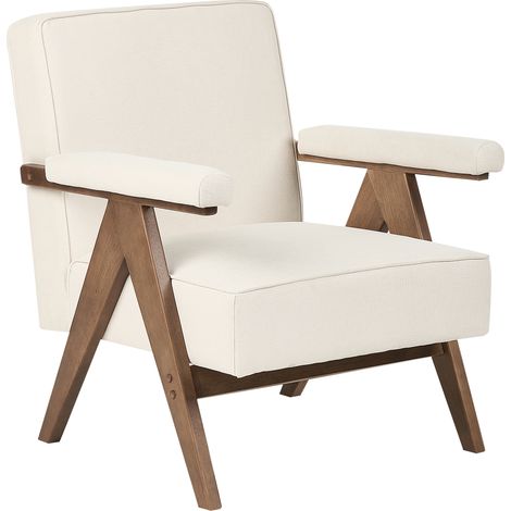 Sillón retro para salón tapizado de tela y estructura de madera beige claro Evje