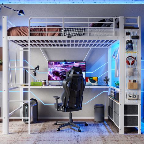 Lit mezzanine enfant 90x200 cm métal avec bureau, penderie et 4 tiroirs, LED, USB Type-C, panneau perforé et étagères, blanc (1/5)
