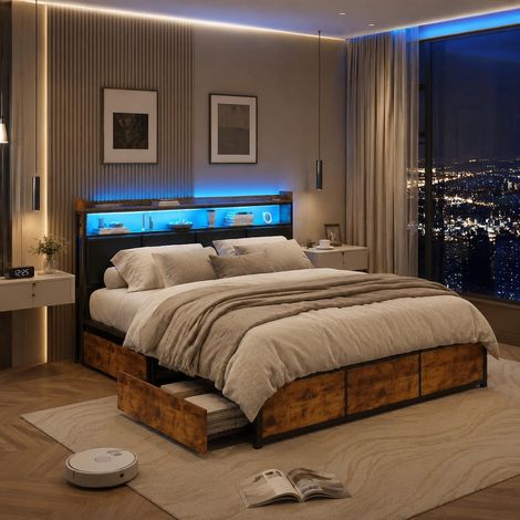 Lit coffre 140x200 cm, 4 tiroirs, LED, tête de lit avec rangement (1/5)