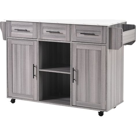 Desserte cuisine gris avec plateau pliant, rangement 139x71x91,5 cm