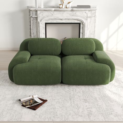 Sofá de 2 plazas - 208 x 103 x 75 cm - con reposabrazos curvos y base antideslizante - en terciopelo de pana verde (1/5)