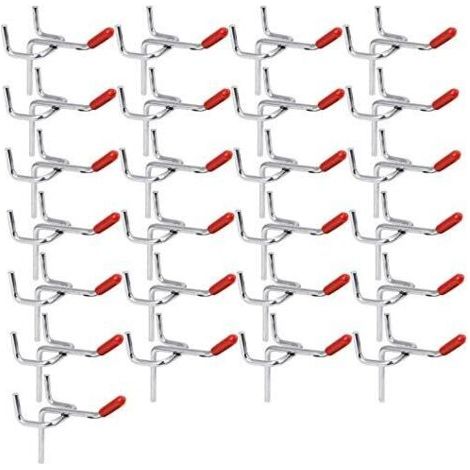 RHG Lot de 25 crochets robustes en acier inoxydable pour panneaux perforés, crochets porte-outils de 50 mm pour marteau, tournevis, clés, atelier de garage (trous de 32 mm) (1/5)