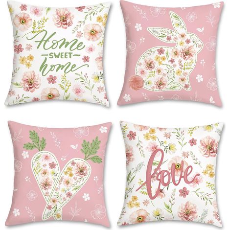 4 Pièces Housse de Coussin Rose Fleur 45 x 45 cm Lapin Décoratif Fleurs Taie d'oreiller pour Canapé Maison (1/4)