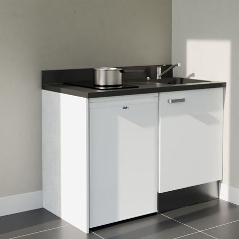Kitchenette K08L - 120 cm - plan monobloc évier intégré Nero- évier à droite - Façades Blanc + Electroménager inclus coloris Blanc