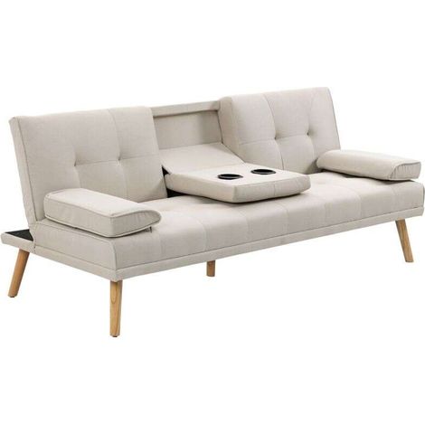 Canapé convertible 3 places, canapé-lit rembourré avec dossier réglable 3 niveaux, 2 coussins et 2 porte-gobelets intégrés, tissu de lin, pour salon, chambre d'amis, petit espace, beige (1/5)