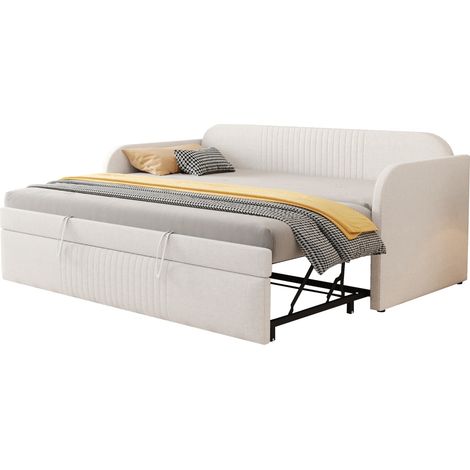 Canapé-lit convertible en lin beige 90x190 cm extensible 180x190 cm, sommier à lattes inclus (1/5)