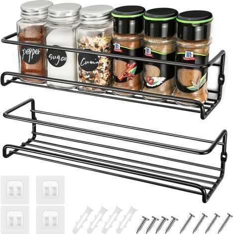Porte Epices Cuisine Mural, 2PCS Support de Rangement pour Épices en Acier Inoxydable à 2 Niveaux Étagère Murale de Cuisine avec Adhésif et Vis, Parfait pour la Cuisine (1/4)