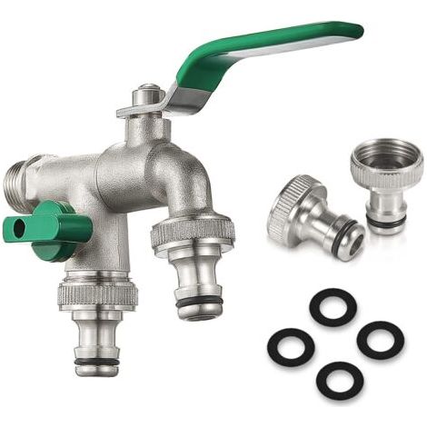 Robinet en Laiton pour Machine à Laver - Sortie d'Eau Double, 1/2"3/4"3/4", pour Cuisine, Jardin (Vert)