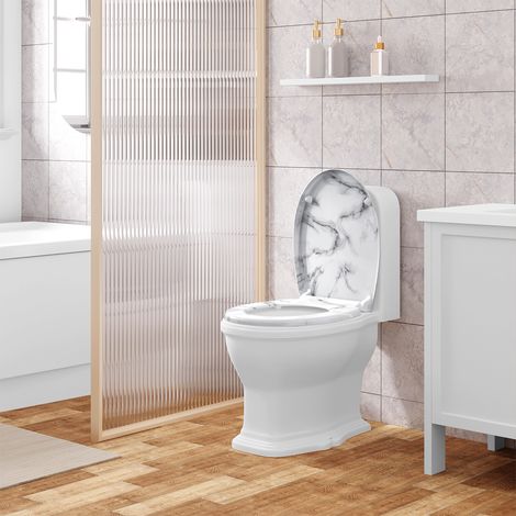 WOLTU Toilettendeckel Klodeckel WC Sitz mit Absenkautomatik, Toilettensitz mit Motiv, Klobrille Montage von oben, Toilettensitz mit Quick-Release-Funktion, 175kg belastbar, Weißes Marmormuster (1/5)
