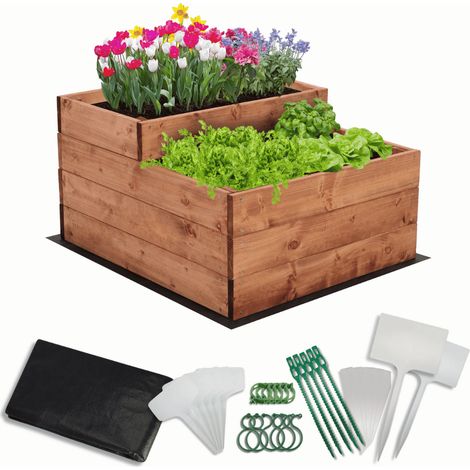 MODO24 Carré potager surélevé en bois, 2 niveaux en cascade, 36x60x63 cm, jardin/terrasse, kit jardinier inclus, brun imprégné