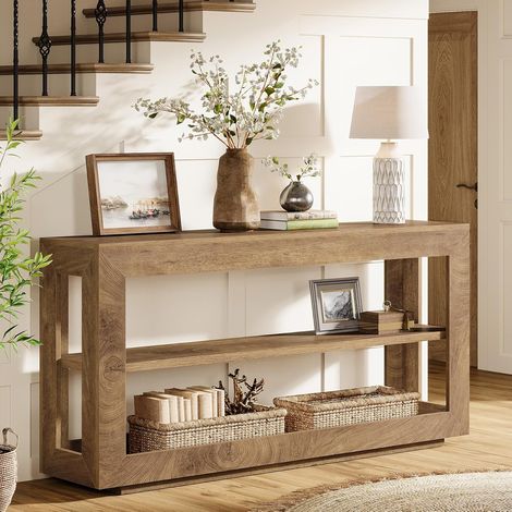 Tribesigns 160 cm Konsolentisch für Eingangsbereich, Schmaler Flurtisch aus Holz im Mid-Century-Modern-Stil mit 3 Ablagefläche für Wohnzimmer, Flur, Diele und Kleine Räume, Braun (1/5)