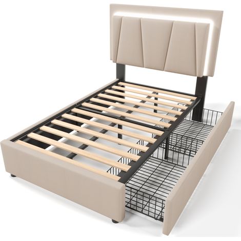 Gepolstertes Einzelbett 90x200 cm mit LED, 2 Schubladen und verstellbarem Kopfteil, Beige (1/5)