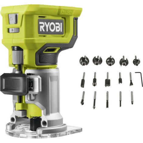 Pack RYOBI - Affleureuse à bois - RTR18-0 - 18V One+ - Sans batterie ni chargeur - Coffret 15 fraises panachées RAKRBS15 queue de diamètre 6mm