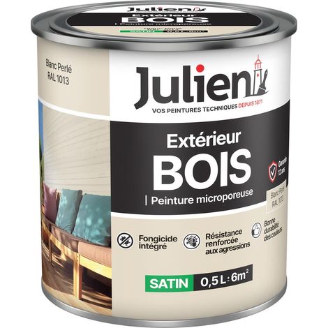 Julien Peinture Bois Microporeux Extérieur Satin - Portes, fenêtres, portails, mobilier de jardin - Blanc Perle 0,5 L