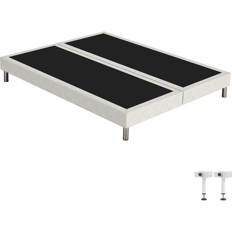 Sommier tapissier + pieds SR15 beige 2x90x200 Lattes bois massif - H.15 cm
