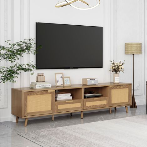 Tkopy TV-Ständer, 200x37x49 cm, Kunststoff Rattan Design TV-Ständer, Massivholz Füße TV-Ständer, Rattan TV-Panel, Couleur du bois (1/4)
