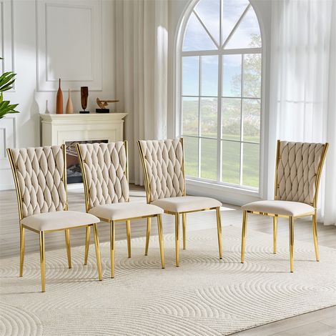 Lot de 4 Chaises de Salle à Manger - 58,00x45,70x94,00cm - Dossier Tressé à la Main et Pieds Dorés - Velours Beige (1/5)