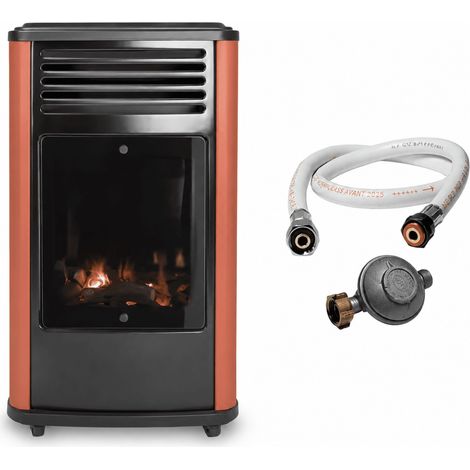 Poêle à gaz mobile 3,4KW Effet feu de bois - Chauffage gaz Rouge & Noir + Tuyau gaz + Détendeur butane Manhattan Sahara (1/5)