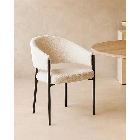 Exagonshop Sedia da pranzo in tessuto effetto boucle bianco