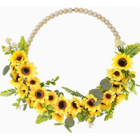 Couronne de Perles en Bois Boho, Couronne Florale Artificielle avec Perles en Bois Massif, Feuilles Vertes de 13,8 Pouces, Décoration de Porte pour Porte d'entrée de Ferme, Porche, Mur (1/5)