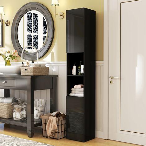 Meuble colonne de salle de bain 2 placards avec étagères réglables + 2 niches 30 x 30 x 181,5 cm noir (1/5)