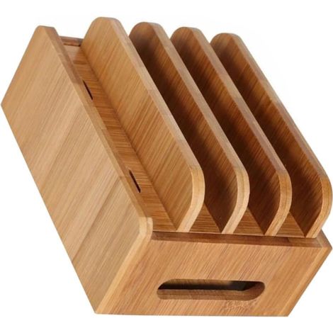 Multi-arm wooden stand for phone and tablet, USB charging cable organizer case, storage station for multiple devices (1/5)