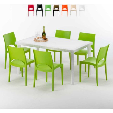 Table Rectangulaire Blanche 150x90cm Avec 6 Chaises Colorées Grand Soleil Set Extérieur Bar Café Paris Summerlife - Vert (1/5)