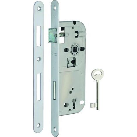 Boitier de serrure encastrable à clé pour porte de chambre, axe 45mm, entraxe 90mm, bouts ronds, chrome opaque - (1/5)