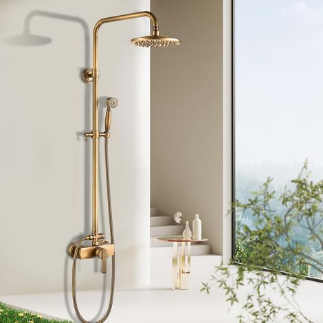 Colonne de Douche Laiton Rétro Ensemble de Douche Antique Système de Douche Mural Set Kit de Douche avec Mitigeur Réglable en Hauteur 70 à 120 cm (1/5)
