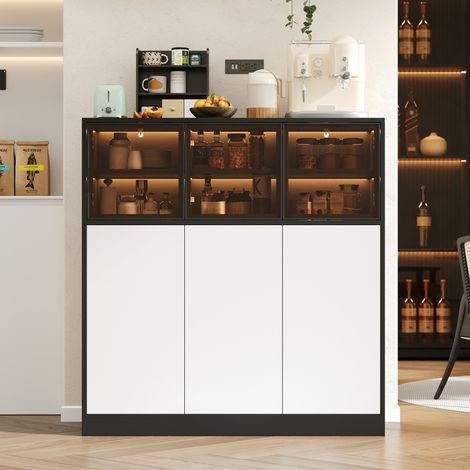 Credenza da cucina 100x40x105 cm - mobile contenitore con illuminazione integrata - 3 ante in vetro, 3 ante bianche - nero