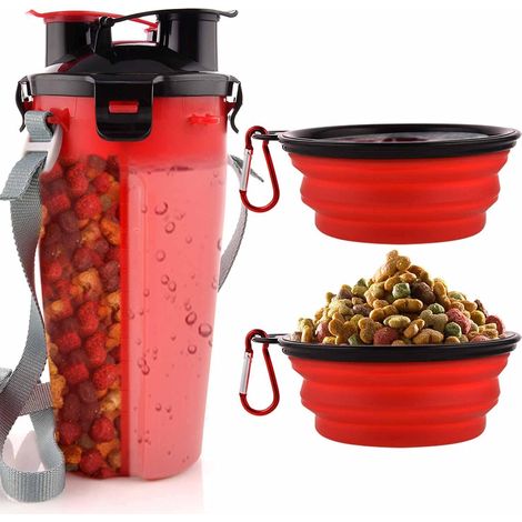 Gourde de voyage pour chien avec gamelles pliables, récipient 2 en 1 pour nourriture et eau, gamelles portables pour promenades, voyages, camping et randonnée (Rouge) (1/5)