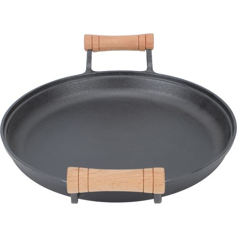 Poêle à griller ronde en fonte avec double poignée en bois, idéale pour les grillades et les barbecues (33 cm / 12,99 pouces). Parfaite pour la cuisson des steaks, des viandes et des rôtis. (1/5)
