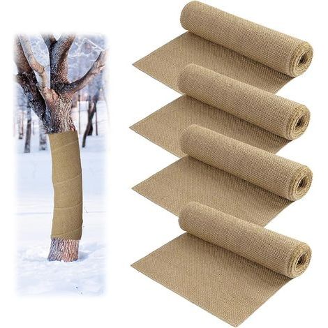 Protection de tronc d'arbre en toile de jute pour plantes d'extérieur, rouleau de toile de jute naturelle avec attaches pour buissons et plantes (4 pièces, 25 cm x 3 m) (1/5)