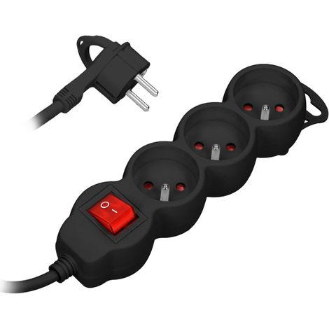 Rallonge triple - 3 m - Noire - Avec interrupteur - Pratique et sûre