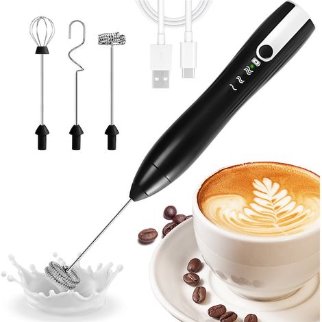 Mélangeur électrique à mousse de lait, BRILLSTEN, batterie rechargeable USB, avec 3 têtes, 3 niveaux de vitesse, boissons chaudes/froides, poignée isolée thermiquement, Noir (1/5)