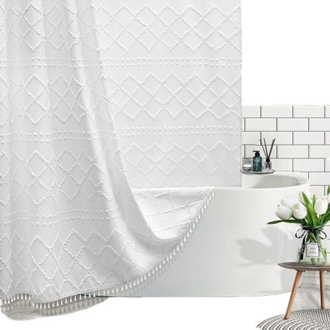 Rideau de douche assorti à la salle de bain - en polyester déperlant et inodore, rideau de douche blanc bohème à franges décoratives (1/5)