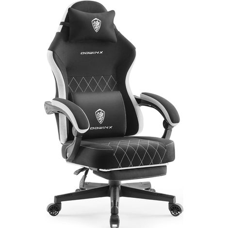 Dowinx Ergonomischer Gaming Stuhl, Stoff, Federkissen, Massage-Lendenstütze, Fußstütze, Bis 135kg, Schwarz, Groß