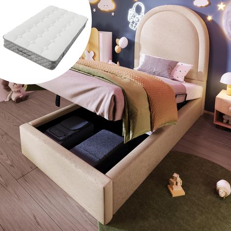 Lit enfant capitonné, lit simple à motif cosmique, 90x200cm, beige, PU pour garçons et filles (avec matelas), garantie 2 ans