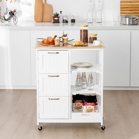 Îlot de cuisine blanc avec plan de travail en bois d'hévéa, 3 tiroirs et roulettes verrouillables pour cuisine et salle à manger (1/5)