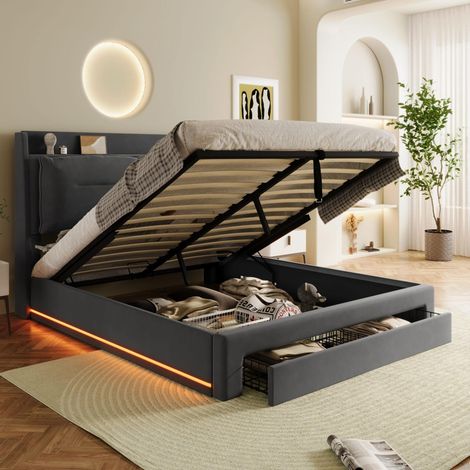 Cama tapizada 140/190 cm gris oscuro de terciopelo con LED y almacenaje hidráulico (1/5)