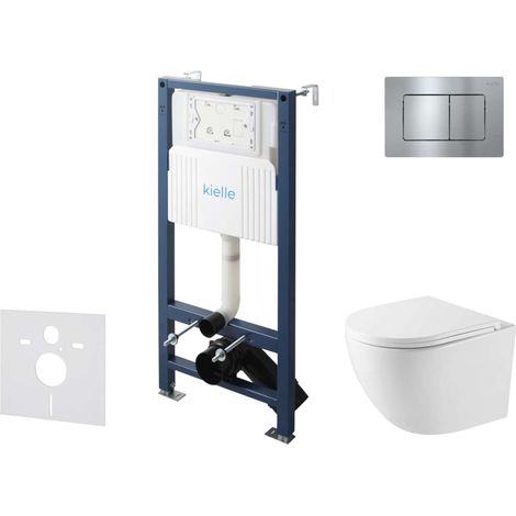 kielle Genesis New - Set bâti support, WC compact Oudee, Vortex Rimless+, abattant softclose et bouton-poussoir Gemini New III, chrome brillant 30528SS44 (1/5)