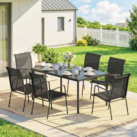 Salon de Jardin 6 Personnes Ensemble Table et Chaises Jardin avec Chaises Empilables en Textilène 70x51x87cm Noir (1/5)