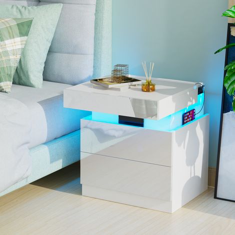 Table de Chevet LED avec 2 Tiroirs - 16 Coloris Personnalisables & Éclairage d'Ambiance, Panneau de Particules Résistant (45x40x52cm) - Multifonctionnelle pour Chambre/Salon/Game Room (1/5)