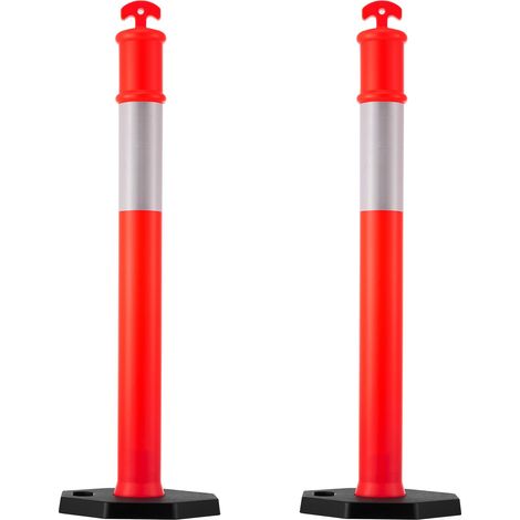 Lot de 2 poteaux de signalisation routière et cônes de sécurité 1140 mm à base lestée, rubans réfléchissants, chantier, rouge (1/5)