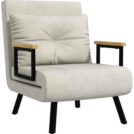 Confort Assis et Couché Chauffeuse Fauteuil Lit 1 Place 63x73x81 cm Velours Crème et Acier pour Salon Studio (1/5)