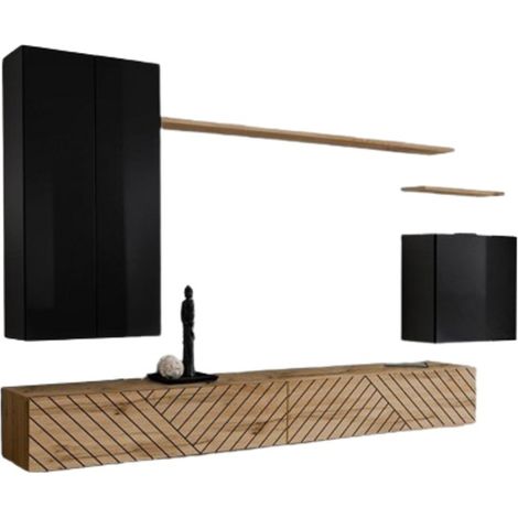 Conjunto de muebles de salón SWITCH II diseño, color negro y roble wotan. Acabados en negro brillante y roble fresado.