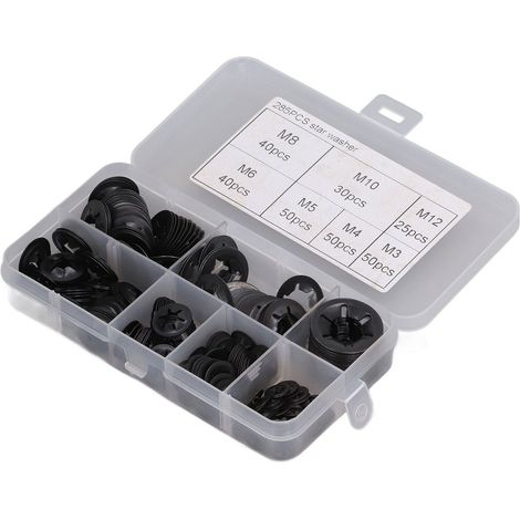 Lot de 285 rondelles frein à denture interne acier au manganèse noir M3 M4 M5 M6 M8 M10 M12 pour amortissement isolation machinerie industrielle (1/5)