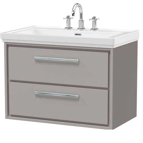 Balterley Longnor Modern Bathroom Wall Hung 2-Drawer Vanity Unit with Fireclay Basin, Pebble Grey, 800mm