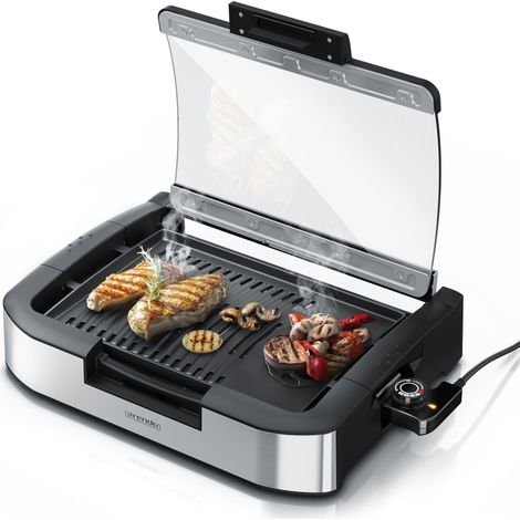 Arendo Gourmet Tischgrill mit Glasabdeckung - Elektrogrill - Barbecue - für Steaks, Würstchen, Fisch, Meeresfrüchte, Gemüse, Pilze u.v.m.